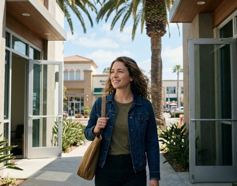 Young woman in a denim jacket stepping out of a San Diego clinic into the sunlight