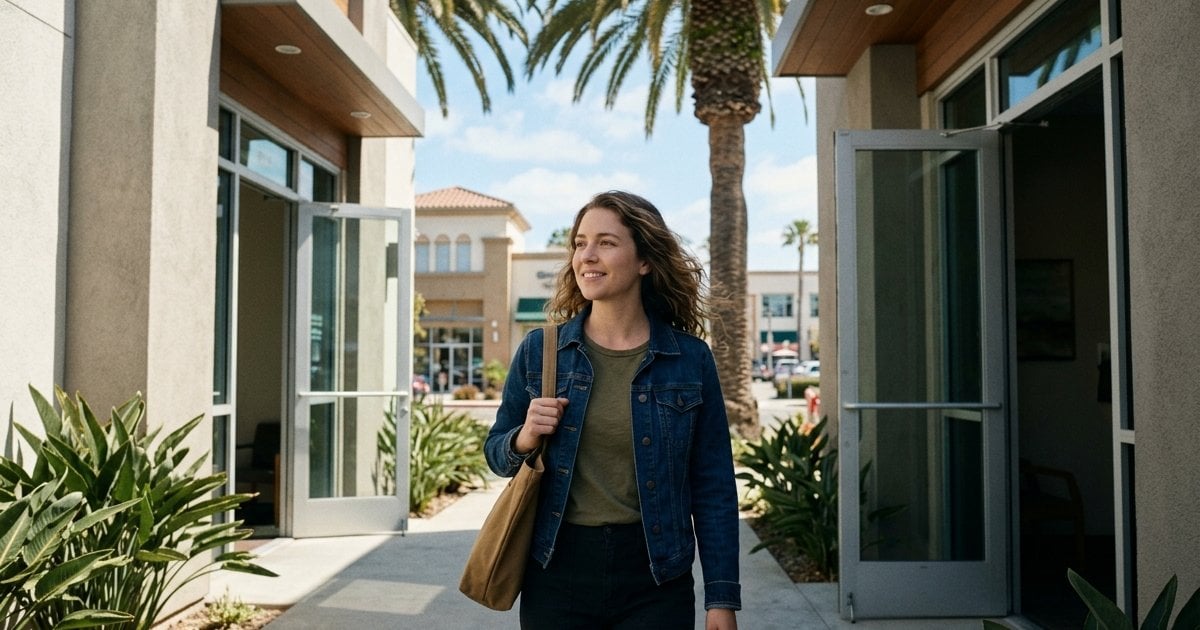 Young woman in a denim jacket stepping out of a San Diego clinic into the sunlight
