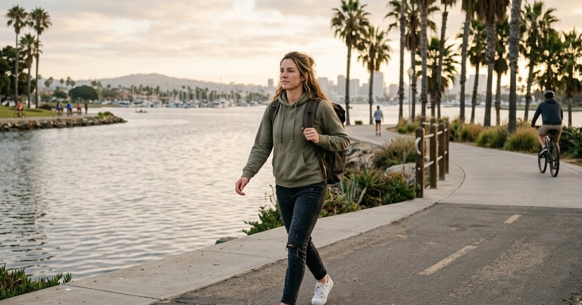 Young woman with a backpack walking the Mission Bay boardwalk in San Diego on her way to outpatient treatment